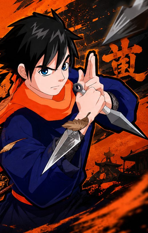 Ninja berjubah biru memegang kunai.